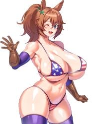 american_flag american_flag_bikini bikini blue_eyes bodily_fluids brown_hair cleavage elbow_gloves female female_only gloves horse_ears horse_girl horse_tail huge_breasts kemonomimi looking_at_viewer ponytail solo taiki_shuttle_(umamusume) thick_thighs thighhighs umamusume umamusume_pretty_derby volyz waving wide_hips wink