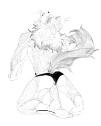 1boy abs anal animal_ears arknights aruhaisui bara biceps clothing_aside colored_tips commentary cum dildo dog_ears dog_tail ejaculation furry furry_male greyscale hatching_(texture) highres horns hung_(arknights) komainu_boy linear_hatching male_focus male_penetrated male_underwear male_underwear_aside monochrome multicolored_hair muscular muscular_male open_mouth pectorals sex_toy single_horn socks tail tongue tongue_out topless_male underwear untranslatable_commentary