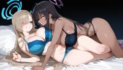2girls asuna_(blue_archive) bed black_hair black_panties black_skin blackbra blonde_hair blue_archive blue_bra blue_panties eyes_visible_through_hair halo karin_(blue_archive) large_breasts looking_at_each_other romantic smiling_at_partner wholesome yuri