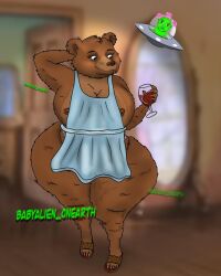 4:5 alcohol anthro apron apron_only artist_logo babyalien bear beverage breasts brown_bear brown_body brown_fur claws clothing container cup drinking_glass eyelashes female footwear fur glass glass_container glass_cup hand_behind_head hi_res holding_object little_bear logo mammal mother_bear nipples sandals shoes smile solo thick_thighs toe_claws tuft ursine watermark wide_hips wine wine_glass