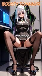 ai_generated choker dress echidna_(re:zero) gaming_chair nnnyr running_makeup runny_makeup sitting smiling spread_legs stockings visible_underwear