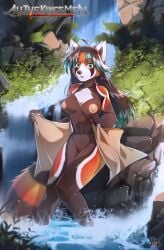 2018 ailurid anthro areola biped breasts day digital_media_(artwork) exposed_breasts female grass hi_res hihikori looking_at_viewer mammal nipples outside plant red_panda sitting solo water waterfall yellow_eyes