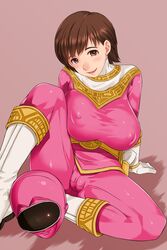 belt blush bodysuit boots breast_press breasts brown_eyes brown_hair cameltoe chouriki_sentai_ohranger erect_nipples feet female full_body gloves helmet highres holster huge_breasts legs looking_at_viewer maruo_momo matching_hair/eyes oh_pink parted_lips puffy_nipples sakuradou shiny shiny_hair short_hair simple_background sitting smile solo spread_legs super_sentai thighs visor white_boots white_gloves