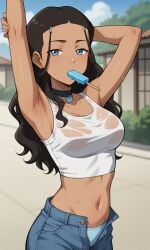 ai_generated ass avatar_legends avatar_the_last_airbender bigmic145 bra breasts clothed clothed_female clothing katara navel nickelodeon panties popsicle see-through see-through_clothing shorts solo solo_female sweat tank_top wet wet_clothes wet_clothing