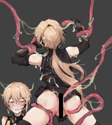 absurdres ass blonde_hair blush bondage braid brown_dress brown_gloves closed_eyes dress elbow_gloves feet_out_of_frame female girls'_frontline girls'_frontline_2:_exilium gloves highres long_hair michaeliadalto9 open_mouth ots-14_(girls'_frontline) ponytail simple_background solo standing sweat tentacle