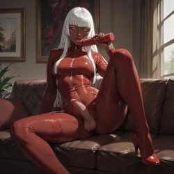 ai_generated blindparty brigitta_lycaon civitai dark-skinned_female dark_skin dildo futanari high_heels lingerie penis sex_toy solo white_eyes white_hair