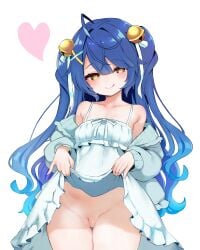 :q absurdres ahoge amamiya_kokoro bare_shoulders bell blue_hair blush breasts cardigan clothes_lift commentary_request dress dress_lift female hair_bell hair_ornament heart heart-shaped_pupils highres lifting_own_clothes long_hair looking_at_viewer nijisanji no_panties off_shoulder open_cardigan open_clothes pussy small_breasts smile solo symbol-shaped_pupils tongue tongue_out user_endn3483 virtual_youtuber white_dress yellow_eyes