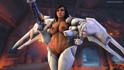 16:9 3d abs alternate_costume black_eyes black_hair breasts dark-skinned_female dark_skin female highres jackal_pharah king's_row_(map) medium_breasts muscles muscular_female overwatch pharah pharah-best-girl power_armor pubic_hair pussy rocket_launcher source_filmmaker weapon wings