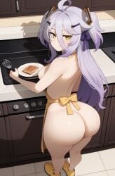 (turboshiggy) 1girls ahoge ai_generated anus apron ass ass_focus balls cooking hair hair_ornament henya_the_genius huge_ass kitchen light-skinned_male long_hair looking_at_viewer medium_breasts petite_female pink_nipples purple_hair self_upload solo solo_female solo_focus spatula standing virtual_youtuber vshojo vtuber white_hair yellow_eyes yellow_shoes