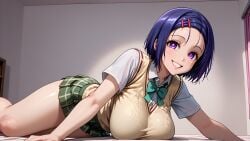 1girls ai_generated big_ass blue_hair blush bra_visible_through_clothes giant_breasts hairclip hanging_breasts indoors looking_at_viewer on_bed on_side purple_eyes sairenji_haruna school_uniform see-through_top short_hair skirt smiling smiling_at_viewer thick_thighs tight_clothing to_love-ru