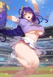 ai_generated breasts cheerleader_uniform genshin_impact giant_breasts huge_breasts ignisai jumping large_breasts massive_breasts raiden_shogun thick_thighs