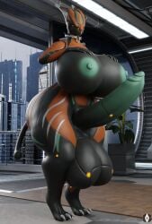 1futa 3d 3d_(artwork) absurd_res anthro big_ass big_breasts big_penis black_body claws cyan_penis erection futa_only futanari gabrielarchgod highres huge_ass huge_breasts huge_cock hyper hyper_balls hyper_breasts hyper_penis multicolored_body orange_body solo tail thick_thighs valkyr_(warframe) warframe wide_hips