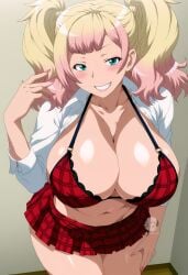 ai_generated arisato_yu big_breasts blonde_hair cleavage ecchi jk_bitch_ni_shiboraretai looking_at_viewer twintails yariko