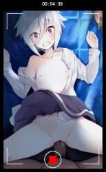 1boy bar_censor black_border blush border censored collarbone collared_shirt commentary_request defloration female flat_chest furrowed_brow grey_hair groin hair_between_eyes highres horrified itomi_sayaka long_sleeves looking_at_viewer lying male_pubic_hair nipples open_clothes open_shirt panties panties_around_one_leg penis petite pov pov_crotch pubic_hair purple_eyes purple_skirt rape recording renpu_girls_school_uniform school_uniform sex shade shirt short_hair skirt solo_focus spread_legs straight toji_no_miko underwear vaginal_penetration vesperia viewfinder white_panties white_shirt winter_uniform