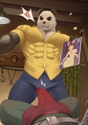 2boys ?! abs anthro bear beastars bikini biped chains clothed clothing duo erection erection_under_clothing eye_scar facial_scar female fingers fur gay giant_panda gouhin_(beastars) magazine male male/male mammal mumu202 muscular muscular_anthro muscular_male pecs scar scar_across_eye