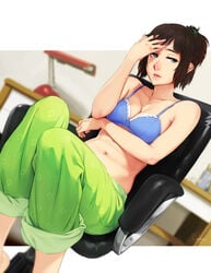 1girls abs black_hair bra breasts cleavage feguimel female miranda_(feguimel) navel sitting solo text tumblr url watermark