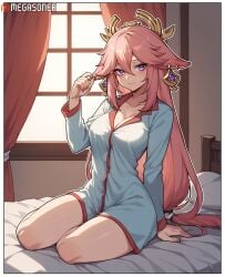 1girls ai_generated animal_ears arm_support bangs bed blush breasts cleavage closed_mouth collarbone curtains earrings female fox_ears genshin_impact hair_between_eyes hair_ornament hoyoverse indoors jewelry large_breasts long_hair long_sleeves looking_at_viewer low-tied_long_hair megasonek mihoyo on_bed pajamas patreon_username pillow pink_hair purple_eyes shirt sitting smile solo thighs very_long_hair watermark window yae_miko