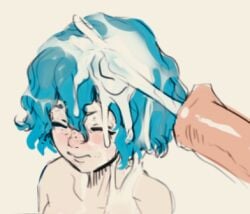 berserk blue_hair blush butterchalk closed_mouth commentary cum cum_on_hair ejaculation english_commentary excessive_cum female freckles isma lowres nude penis solo_focus uncensored upper_body zoophilia