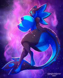 anthro artist_name ass big_breasts big_butt black_body black_tail blue_body blue_tail breasts cosmic_background eyelashes female hi_res huge_breasts huge_butt looking_at_viewer mouth_closed narrowed_eyes nipples nude presenting presenting_hindquarters purple_eyes purple_nipples reptile scalie snake solo space space_background tail tiggybloom