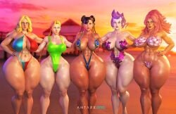 3d abs antarxrigel artist_signature asian asian_female bare_arms bare_legs bare_shoulders bare_thighs beach big_breasts bikini black_hair blonde_hair blue_eyes braided_hair cammy_white capcom chun-li cleavage curvaceous curvy_female eyes female final_fight green_eyes hands_behind_back kolin large_breasts light-skinned_female light_skin looking_at_viewer multiple_girls outdoors pink_hair poison_(final_fight) posing purple_hair rose_(street_fighter) street_fighter street_fighter_v sunset thick thick_thighs voluptuous voluptuous_female wide_hips