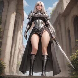 ai_generated angelise_reiter armor armored_boots armored_female blindparty blue_eyes civitai futanari high_heels panties penis_bulge solo sword white_hair