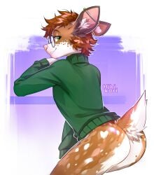 anthro ass bottomless brown_body brown_fur brown_hair clothed clothing dallas_(gingersnaps) deer ear_piercing eyewear femboy fur glasses green_eyes hair hi_res hihikori industrial_piercing inner_ear_fluff male mammal piercing round_glasses smile solo sweater tail topwear tuft turtleneck