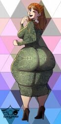 artist_signature blackwhiplash blue_eyes brown_hair dress freckles_on_face heels huge_breasts huge_butt looking_back martha_webley_(blackwhiplash) one_eye_closed open_smile pink_lips third-party_edit