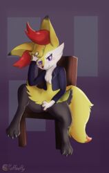 blush braixen chair clothing coffeefly female fingering jacket looking_down masturbation nintendo one_leg_up pokémon_(species) pokemon pokemon_(species) purple_eyes pussy simple_background solo te video_games