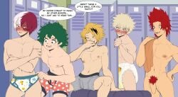 abdl areola areolae bakugou_katsuki black_hair blonde_hair blue_eyes blush blush_lines boxers boxers_(clothing) briefs completely_nude_male deku denki_kaminari detailed_background dialogue diaper diaper_fetish digital_drawing_(artwork) digital_media_(artwork) eijirou_kirishima embarrassed english_dialogue english_text flaccid giggle green_eyes green_hair grey_eyes heterochromia human humanoid_penis izuku_midoriya kaminari_denki katsuki_bakugou kirishima_eijirou locker_room male male_focus male_only midoriya_izuku multicolored_hair muscles muscular muscular_male my_hero_academia naked naked_male nipples nude nude_male orange_eyes peeing peeing_self penis pubic_hair red_eyes red_hair shouto_todoroki smile smiling speech_bubble text todoroki_shouto towel two_tone_hair underwear urination urine used_diaper wet_diaper white_hair xjio yellow_hair