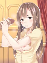 areola_slip areolae artist_request blush breasts brown_eyes brown_hair censored cum cum_in_mouth cum_string fellatio female handjob highres idolmaster idolmaster_cinderella_girls long_hair looking_at_viewer medium_breasts mizumoto_yukari mosaic_censoring oral penis smile upper_body