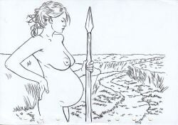 1girls belly big_belly breasts female hand_on_hip kevin_chua nipples nude pregnant solo spear