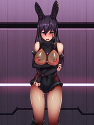 aqua_eyes black_hair blush bodysuit breasts bunny_ears clothed fishnets long_hair miyashiro_nana-san_yonban nipples open_mouth rabbit_silence