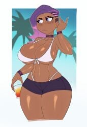 1girls beach big_breasts bikini blush breasts cleavage dark-skinned_female dark_skin female furiousart huge_breasts latina overwatch purple_hair solo sombra thick_thighs wide_hips