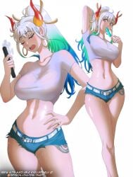 1girls abs absurd_res absurdres adult adult_female ahoge antenna_hair areola_bulge arm_behind_head bare_arms bare_belly bare_calves bare_hands bare_hips bare_knees bare_legs bare_midriff bare_navel bare_skin bare_thighs belly belly_button belt birthing_hips blue_hair blue_hair_female breasts bust_cup busty busty_female busty_girl calves child_bearing_hips cleavage closed_eyes collarbone curvaceous curvaceous_body curvaceous_female curvaceous_figure curvaceous_hips curvaceous_thighs curvy curvy_body curvy_female curvy_figure curvy_hips curvy_thighs denim denim_shorts earrings elbows exposed_arms exposed_belly exposed_hips exposed_legs exposed_midriff exposed_navel exposed_skin exposed_thighs eyebrows_visible_through_hair fair_skin female female_focus female_only fertile_hips fingers full_body gradient_hair green_hair green_hair_female groin hair_ornament hair_ornaments hair_pin hairpin hairpins hand_behind_head hand_fan hand_on_hair hand_on_hip hand_on_own_hair hand_on_own_hip hand_on_own_waist hand_on_waist head_tilt high_resolution highres horn horns hourglass_figure jean_shorts jeans knees large_breasts lean_body lean_figure legs light-skined_female light-skinned light-skinned_female light_skin light_skin_female light_skinned light_skinned_female long_hair looking_at_viewer looking_down looking_down_at_viewer mature mature_female midriff multicolored_hair muscular_female narrow_waist navel nipple_bulge one_piece opalisart open_mouth orange_horn orange_horns parted_lips ponytail red_horn red_horns shiny_arms shiny_belly shiny_hair shiny_legs shiny_skin shiny_thighs short_shorts shorts shoulders simple_background slender_body slender_waist slim_girl slim_waist smooth_skin solo standing sweat sweatdrop sweating sweaty sweaty_armpit sweaty_armpits sweaty_arms sweaty_belly sweaty_body sweaty_breasts sweaty_face sweaty_legs sweaty_thighs t-shirt tag_panic tall_female tall_girl tall_woman thick_thighs thighs thin_waist tilted_head tiny_waist tongue topwear underboob upper_body upper_teeth v-line wasp_waist wet wet_armpit wet_armpits wet_arms wet_belly wet_body wet_breasts wet_face wet_legs wet_t-shirt wet_thighs wet_topwear white_background white_eyebrows white_hair white_hair_female white_t-shirt white_topwear wide_hips yamato_(one_piece)