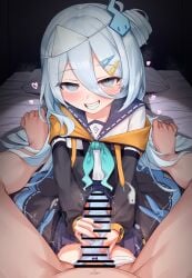 1boy absurdres bar_censor blue_eyes blue_hair blue_panties bow bow_panties censored commentary_request commission female grin hair_between_eyes hair_ornament hairclip handjob highres long_hair long_sleeves panties panties_on_penis parted_lips penis petite pita_goral pov pov_crotch seiza sitting skeb_commission smile straight suzutuki_sui teeth twitching_penis underwear variant_set varium