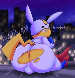 absurd_res anthro anus ass big_butt biped bulge city city_background clothing costume detailed_bulge dialogue furry_male generation_1_pokemon grin grinning_at_viewer hi_res hole_in_pants huge_butt laugh looking_back male massive_ass massive_thighs motion_lines night nintendo onomatopoeia pikachu pikachu_hero pokemon pokemon_(species) pokemon_speak presenting presenting_hindquarters sitting smile solo sound_effects superhero_costume tail tepigfan101 text tight_clothing torn_clothing wardrobe_malfunction