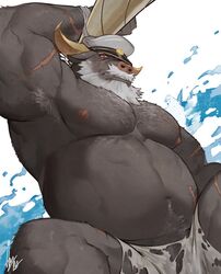 1boy 2017 ahab_(tokyo_afterschool_summoners) barely_visible_genitalia barely_visible_penis beard belly bovine clothing facial_hair gomtang hat horn male male_only mammal muscular muscular_male navel nipples old scar solo subtle_penis tokyo_afterschool_summoners torn_clothing