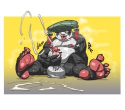 anthro asian_conical_hat balls balls_on_ground bear belly bodily_fluids clothing cum cum_on_ground cumshot curling_toes effee_draws ejaculation erection eyewear feet fur genital_fluids genitals giant_panda glasses hat headgear headwear male mammal masturbation mihoyo moobs multicolored_body multicolored_fur musk musk_clouds navel nipples nude orgasm overweight overweight_male pan_yin_hu pawpads penis soles solo zenless_zone_zero