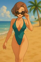 ai_generated beach fire_emblem fire_emblem:_three_houses lipstick looking_at_viewer manuela_casagranda one_piece_swimsuit sunglasses swimsuit