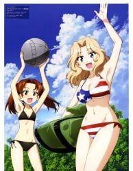 2d 2girls american_flag_bikini american_flag_swimsuit beach big_breasts bikini female girls_und_panzer kadotani_anzu kay_(girls_und_panzer) official_art schoolgirl small_breasts swimsuit