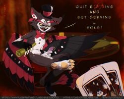 absurd_res anthro balls bedroom_eyes biped bottle card censored clothing container domestic_cat drunk erection feet feet_first felid feline felis foot_fetish foot_focus foot_lick foot_play gamble gambler genital_piercing genitals hat hazbin_hotel headgear headwear hi_res humanoid_genitalia humanoid_penis husk husk_(hazbin_hotel) licking lost_bet male mammal narrowed_eyes penis penis_piercing piercing playing_card poker poker_table prince_albert_piercing seducing_viewer seductive seductive_mouth sitting sketchotterly sketchotto solo substance_intoxication tongue top_hat viewer_hand wings