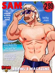 abs bara beach big_breasts brawl_stars bulge exposed_breasts gay hair hairy hairy_armpits lucky_man muscular no_visible_genitalia pecs pubic_hair sam_(brawl_stars) seductive shirtless solo_male speedo
