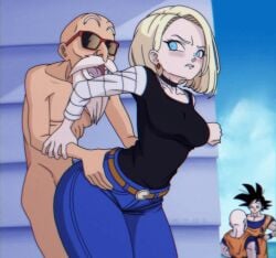 android_18 angry blonde_hair clothed clothed_female clothed_female_nude_male dragon_ball female goku humiliation kuririn kyde large_ass large_hips male master_roshi muten_roushi naked netorare nude nude_male outdoors son_goku