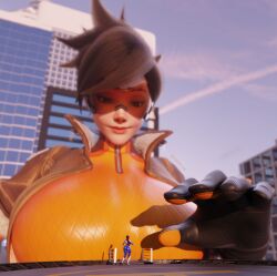 2girls 3d 3d_(artwork) asian asian_female big_breasts blizzard_entertainment breasts british british_female brown_hair brown_hair_female brunette_hair building buildings city clothed clothed_female d.va european european_female extreme_size_difference giant_female giant_woman giantess gigantic_boobs gigantic_breasts hana_song height_difference huge_boobs huge_breasts korean korean_female lena_oxton light-skinned_female light_skin macro macro_female overwatch overwatch_2 size_difference tracer