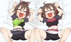 2girls bed bed_sheet black_skirt bra breasts brown_hair cameltoe caramelldansen closed_eyes dancing female green_shirt hair_ribbon light-skinned_female long_hair medium_breasts mv_character nazunobasho open_mouth pillow red_belt red_ribbon red_shirt ribbon shirt short_sleeves skirt sports_bra sweat twintails white_belt white_skirt