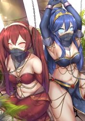 2girls arms_above_head auction belly_button belly_dancer belly_dancer_outfit bikini bondage chains cleave_gag collar enslaved_royal female female_only femsub fire_emblem fire_emblem_awakening for_sale gag gagged hair_ornament harem_outfit hypnosis leash lucina_(fire_emblem) manip multiple_girls multiple_subs princess restrained royalty severa_(fire_emblem) shackles sheita slave spiral_eyes tears veil