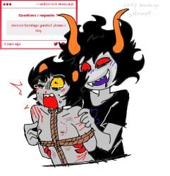 alien alien_boy alien_humanoid bite_mark bite_mark_on_chest black_hair black_t-shirt blood blood_on_arm blood_on_body blush blush_lines blushing bondage bruise bruised_eye clown_makeup colored crying crying_with_one_eye_closed digital_media_(artwork) duo face_paint fangs gamzee_makara grabbing grabbing_from_behind grey-skinned_male grey_skin grub_scars homestuck homestuck_troll horns humanoid_on_humanoid juggalo karkat_vantas looking_at_another makeup male male/male male_on_male male_only messy_hair ms_paint_adventures nipples noncon nonconsensual nosebleed one_eye_closed open_mouth_smile orange_horns pain pinch pinching_nipples rape raped raped_by_friend red_sclera request restrained restrained_arms rope_bondage rope_harness sad1sticmf scratch_marks scratches scratching screaming sharp_teeth simple_background sketch smile strawpage strawpage_request t-shirt tied_arms toxic_yaoi viz_media white_background yaoi yellow_sclera