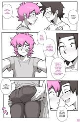 2boys ass ass_focus ass_grab black_and_white comic_page conversation dross grabbing greyscale jacob_(dross) kissing male panels pink_hair taylor_(dross)