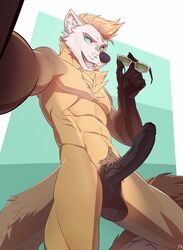 1boy abs anthro balls blue_eyes erection gulonine looking_at_viewer male male_only mammal marten muscular muscular_male mustelid nude patto pecs penis pubes retracted_foreskin selfie solo uncut wings wolf xoven