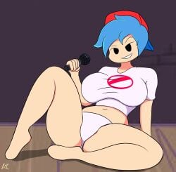1female 1girl 1girls barefoot big_breasts black_eyes boobs boyfriend_(friday_night_funkin) breasts cap clothed clothing edit edited female female_boyfriend_(friday_night_funkin) female_focus female_only friday_night_funkin genderswap genderswap_(ftm) genderswap_(mtf) girl hat holding_object huge_breasts k4gevive light-skinned_female light_skin microphone panties panties_only red_cap rule_63 shirt_and_panties shirt_only short_hair showing_off sitting smile smiling smiling_at_viewer solo solo_female stage t-shirt thick_thighs thighs tits tomboy white_panties